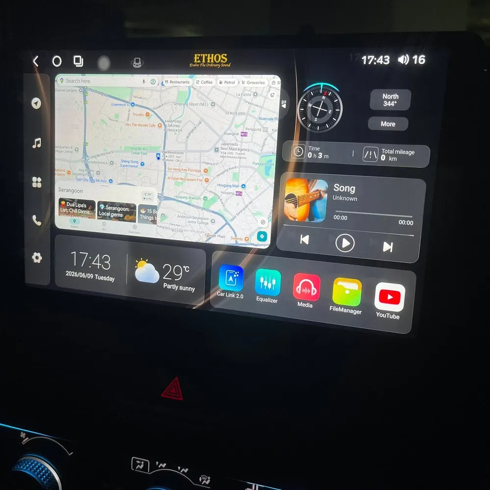 ETHOS Android head unit home screen with navigation, media and vehicle apps