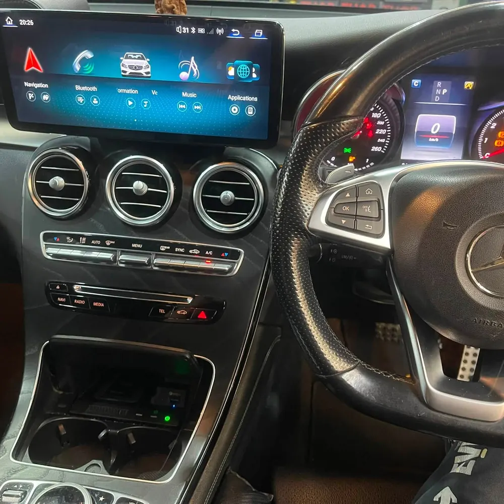 Widescreen ETHOS Android head unit installed in a Mercedes-Benz GLC dashboard